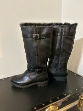 Black Faux-Fur Trim Tall Winter Boots with Buckle Detail